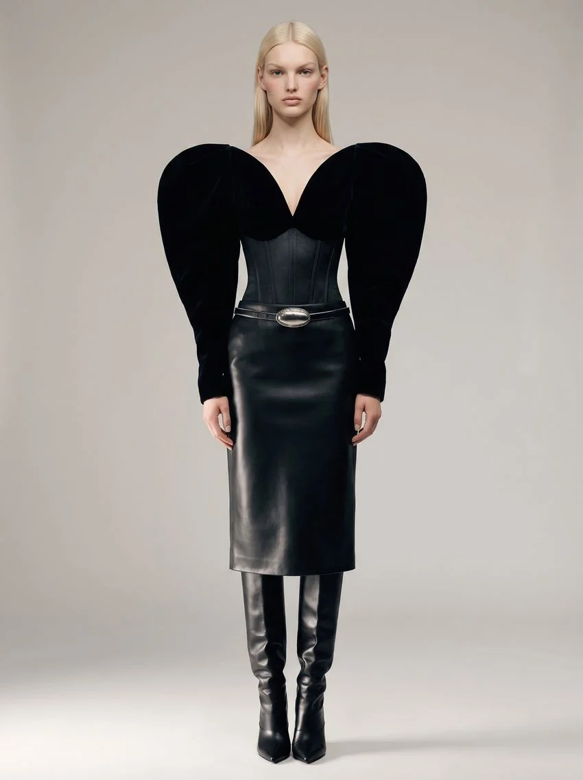 AI-generated image of digital model Luna in a sculptural black leather dress
