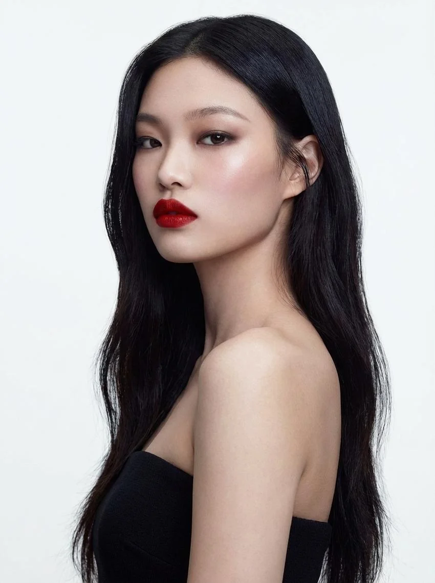 AI-generated image of digital model Lyra, beauty portrait with a deep red lip