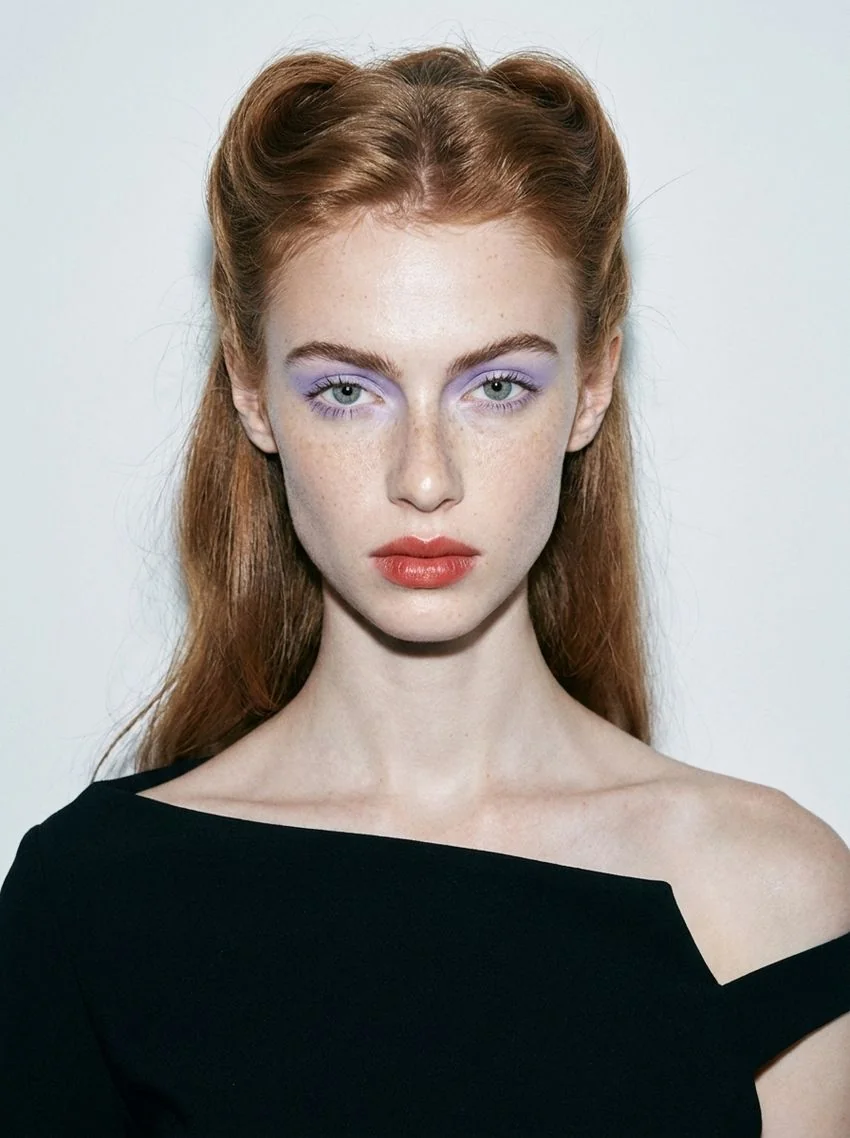 AI-generated image of digital model Odette, beauty portrait with lilac eye colour