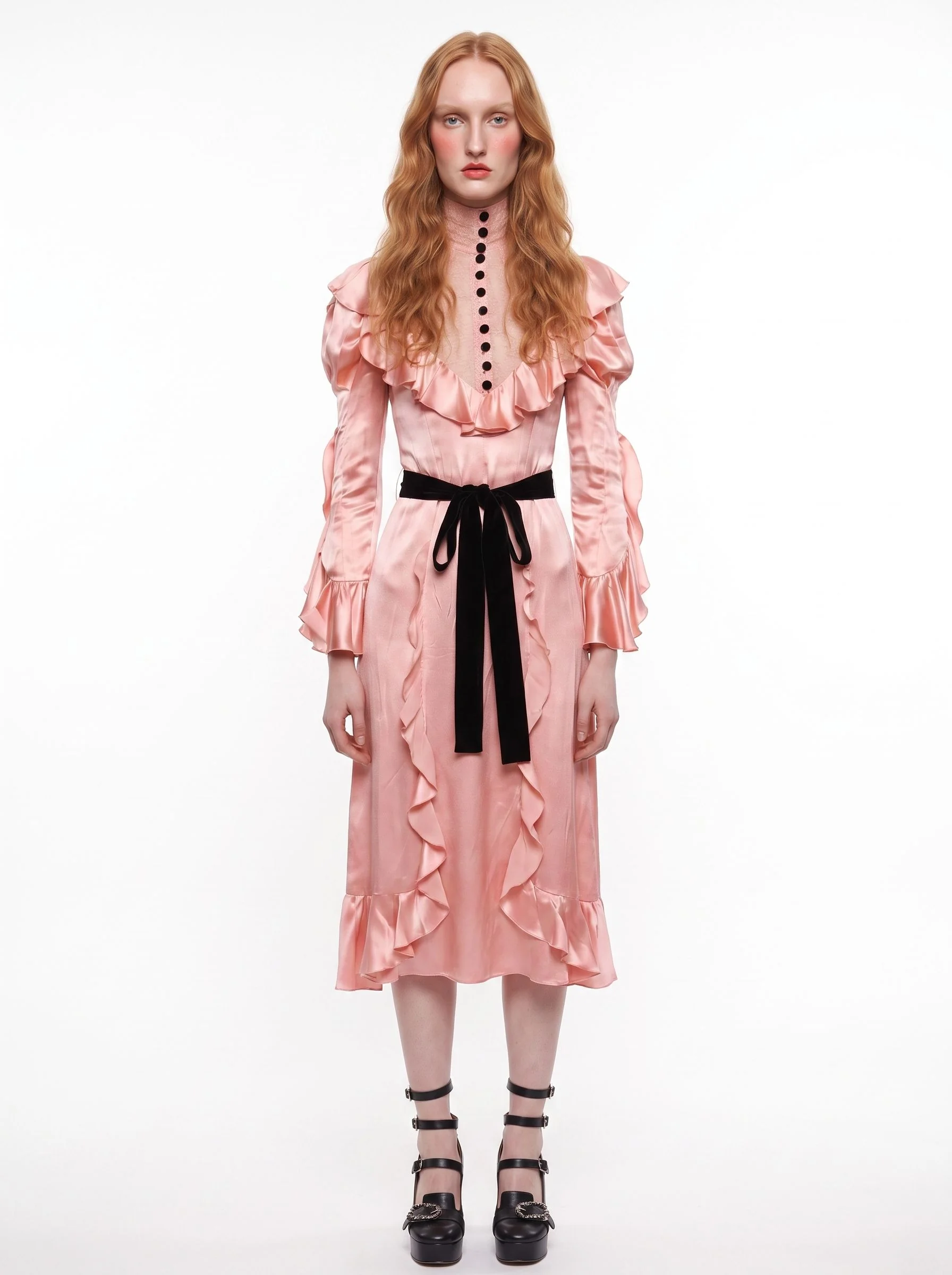 AI-generated image of digital model Rosalie in a pink dress with a black bow