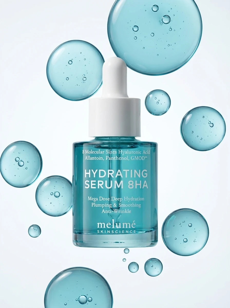AI-generated product image: serum bottle with floating droplets