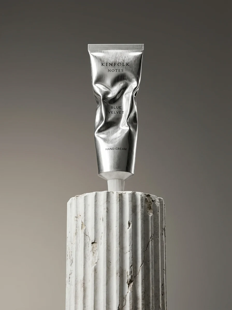 AI-generated product image: hand cream tube on a stone column